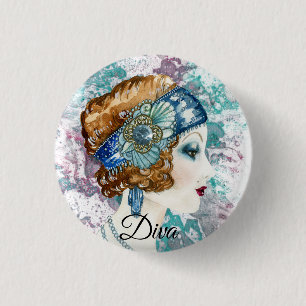 Art Deco Twenties Fashion Diva Watercolor Art 1 Inch Round Button