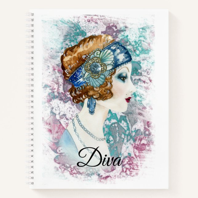Art Deco Twenties Fashion Diva Watercolor Art Notebook (Front)