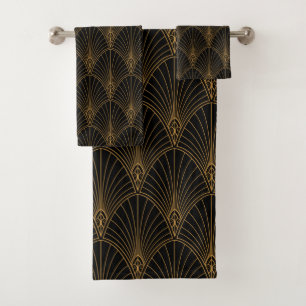 Art Deco Vintage Abstract Geometric Black and Gold Bath Towel Set