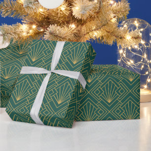 Art Deco Vintage Abstract Geometric Green and Gold Wrapping Paper