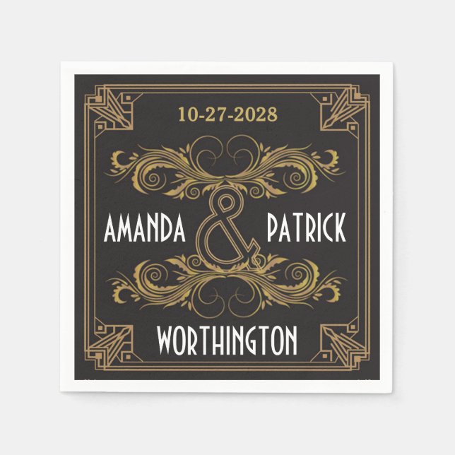 Art Deco Vintage Black and Gold Wedding Napkins (Front)