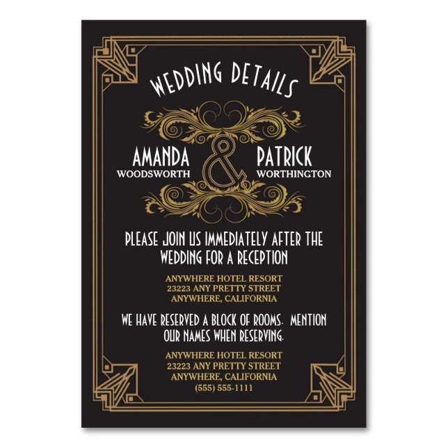 Art Deco Vintage Black Gold Wedding Inserts Cards (Front)
