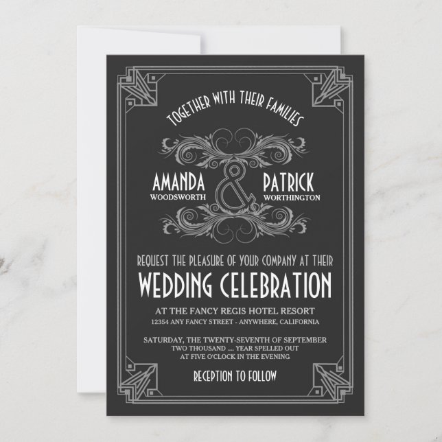 Art Deco Vintage Black Silver Wedding Invitations (Front)