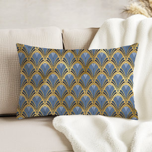 Art Deco Vintage Floral Fan Pattern Blue Gold Accent Pillow