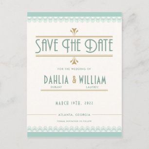 Art Deco Vintage Gold and Mint Save the Date Announcement Postcard