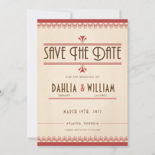 Art Deco Vintage Grunge Style Parchment and Red Save The Date