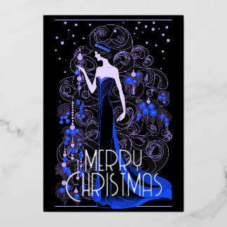 Art Deco Vintage Lady & Xmas Tree Merry Christmas Foil Holiday Card