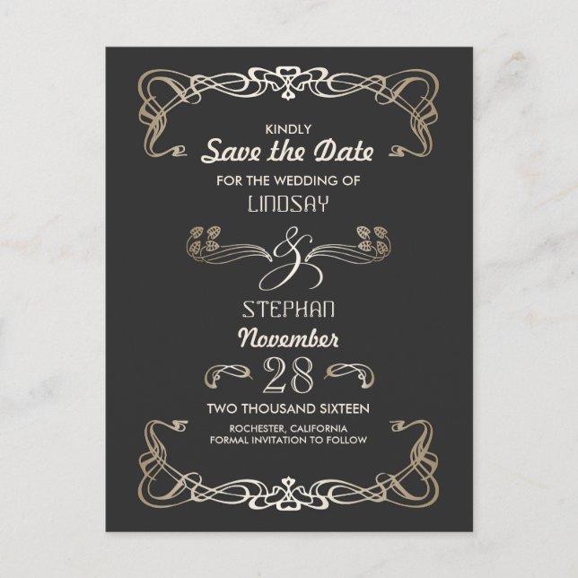 Art Deco Vintage Save the Date Announcement Postcard (Front)