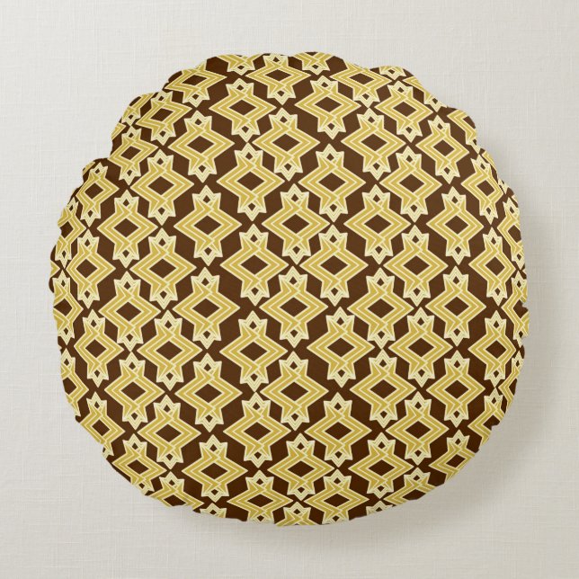 Art Deco Wallpaper Pattern, Brown and Gold Round Pillow (Front)