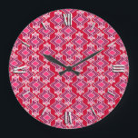 Art Deco Wallpaper Pattern, Burgundy Wine Large Clock<br><div class="desc">Art Deco geometric wallpaper pattern in eggplant purple and deep fuchsia pink with white on a burgundy wine background</div>