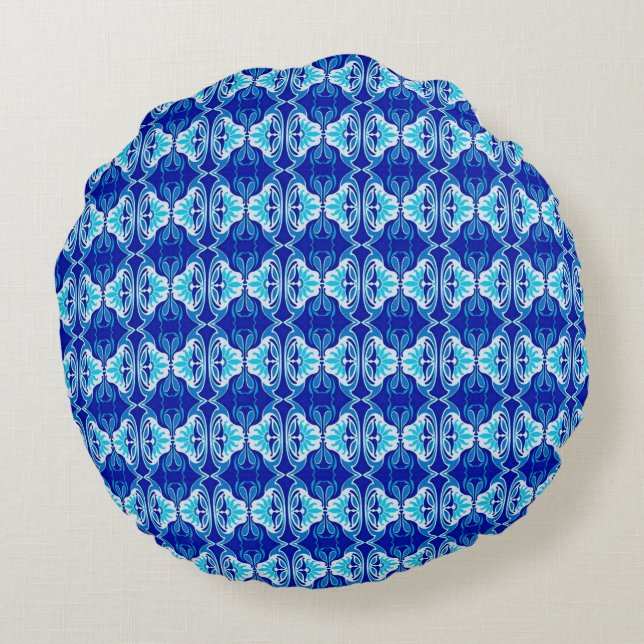 Art Deco wallpaper pattern - cobalt blue and white Round Pillow (Back)