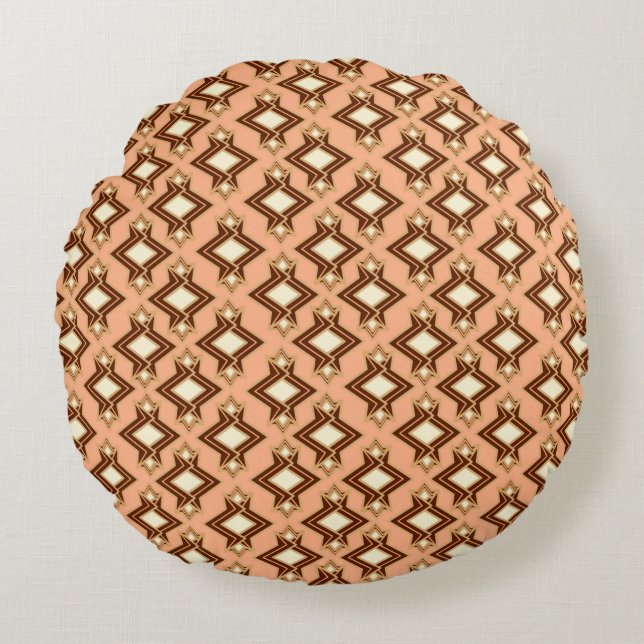 Art Deco Wallpaper Pattern, Coral and Brown Round Pillow (Front)