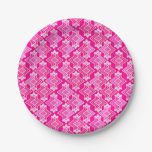 Art Deco Wallpaper Pattern, Fuchsia Pink Paper Plate (Front)