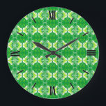 Art Deco wallpaper pattern - green and white Large Clock<br><div class="desc">A vintage,  Art Deco wallpaper / tiled pattern - shades of bright green and lime with white on a solid emerald green background</div>