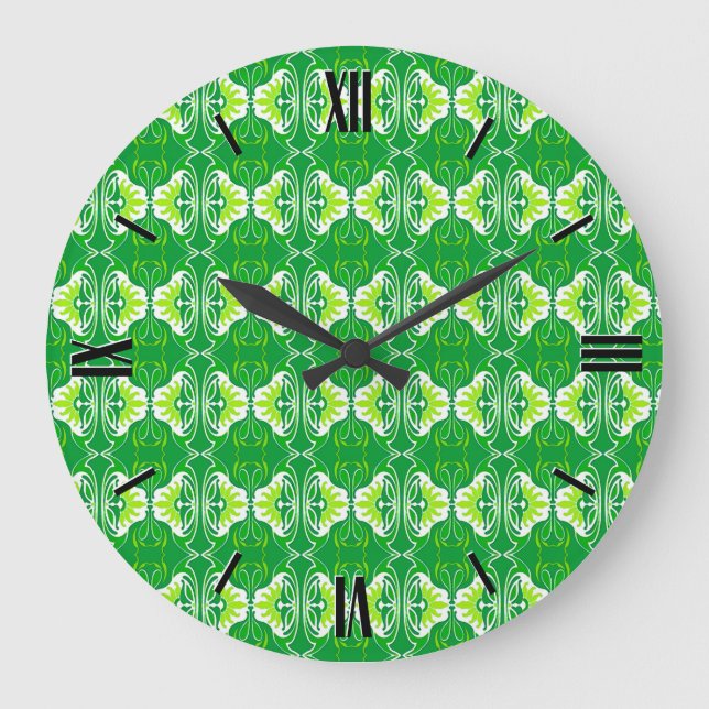 Art Deco wallpaper pattern - green and white Large Clock (Front)
