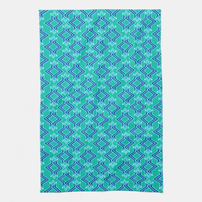 Art Deco Wallpaper Pattern, Turquoise and Cobalt Kitchen Towel (Vertical)