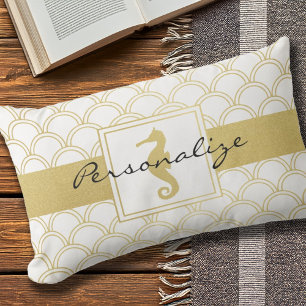 Art Deco Wave Gold Glitter Seahorse Outdoor Pillow