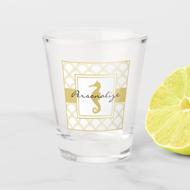 Art Deco Wave Gold Glitter Seahorse Shot Glass (Front)