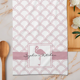 Art Deco Wave Patten Pink Flamingo Kitchen Towel