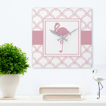Art Deco Wave Patten Pink Flamingo Square Wall Clock<br><div class="desc">This design features a flamingo in Art Deco style. The beautiful tropical bird design with a pink and white wave pattern makes a modern and unique wall clock.</div>