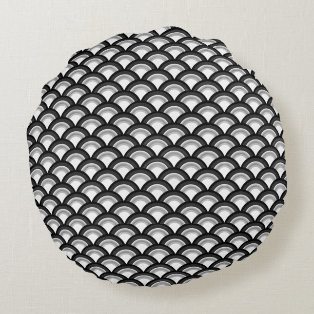 Art Deco wave pattern - black and white Round Pillow (Back)