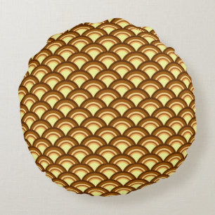 Art Deco wave pattern - chocolate and yellow Round Pillow