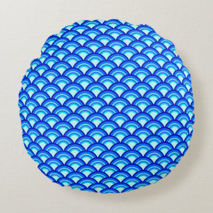 Art Deco wave pattern - cobalt and sky blue Round Pillow
