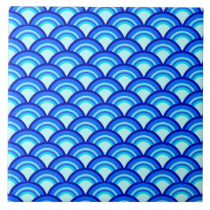 Art Deco wave pattern - cobalt and sky blue Tile