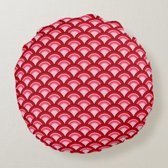 Art Deco wave pattern - red and fuchsia Round Pillow (Back)