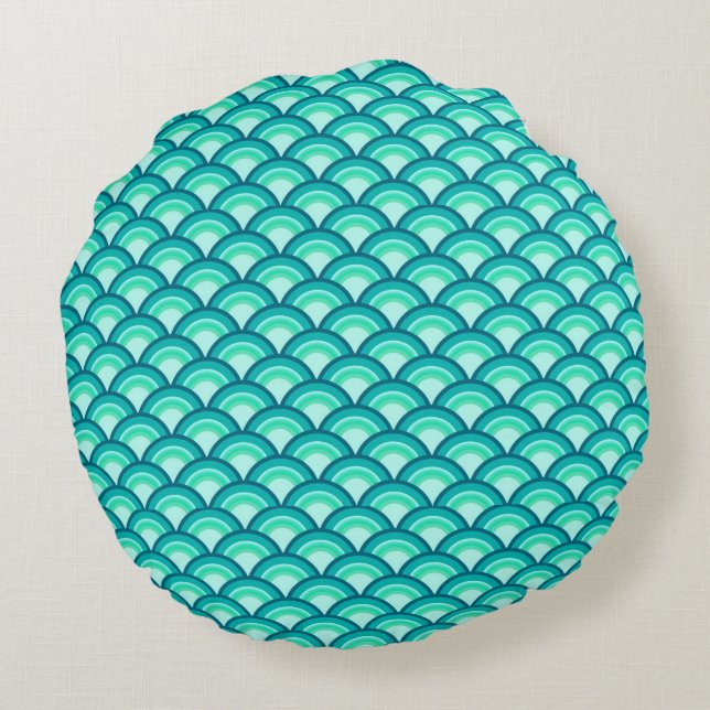 Art Deco wave pattern - shades of turquoise Round Pillow (Back)