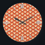 Art Deco wave pattern - tangerine orange Large Clock<br><div class="desc">An Art Deco pattern based on the traditional wave pattern often seen in Japanese textiles,  in pale to deep tangerine orange accented with rust</div>