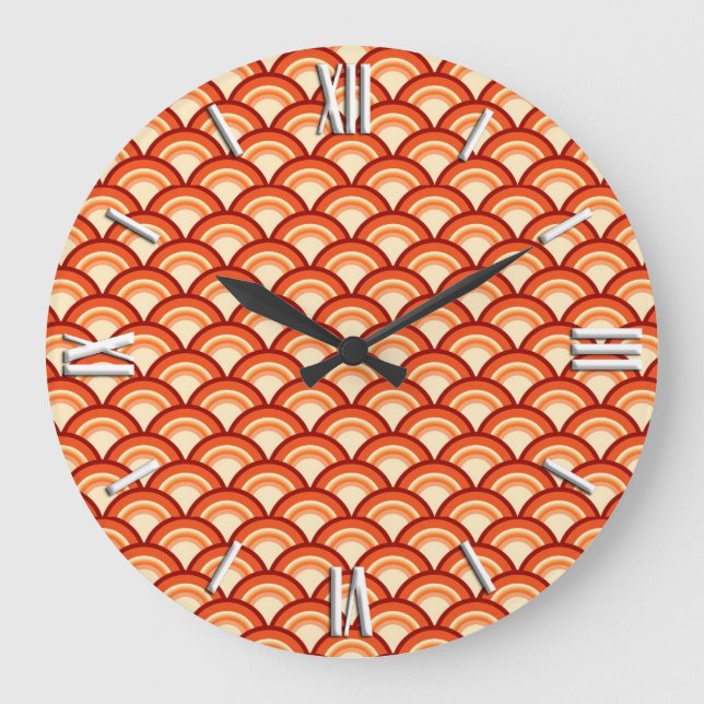 Art Deco wave pattern - tangerine orange Large Clock (Front)
