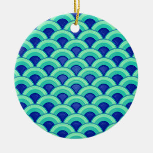 Art Deco wave pattern - turquoise and cobalt Ceramic Ornament