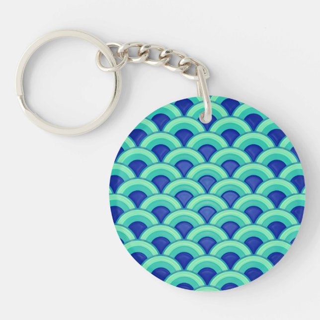 Art Deco wave pattern - turquoise and cobalt Keychain (Front)