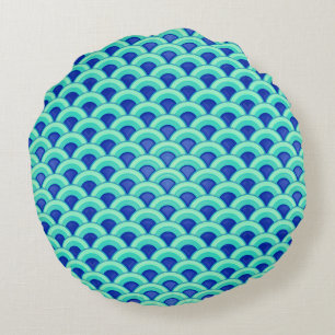 Art Deco wave pattern - turquoise and cobalt Round Pillow