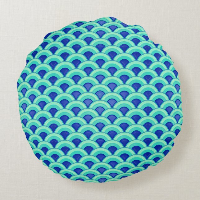 Art Deco wave pattern - turquoise and cobalt Round Pillow (Back)