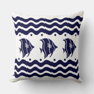 Art deco waves + fish Blue white Throw Pillow