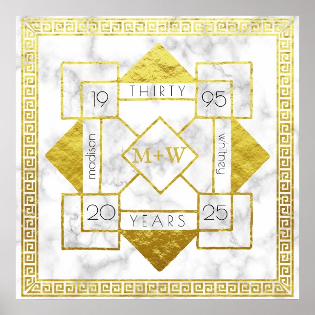 Art Deco Wedding Anniversary Marble Gold Foil Glam Poster (Front)