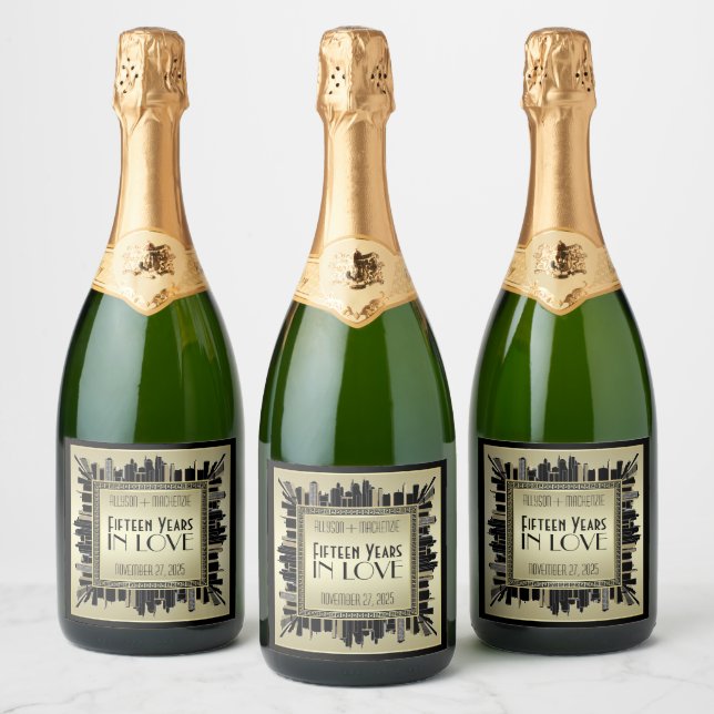 Art Deco Wedding Anniversary Sparkling Wine Gold G Sparkling Wine Label (Bottles)