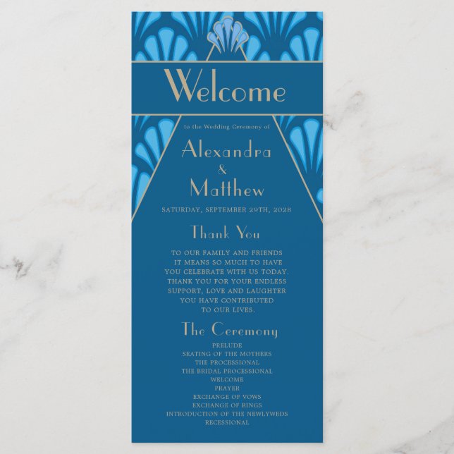 Art Deco Wedding Blue Roaring Twenties Vintage Program (Front)