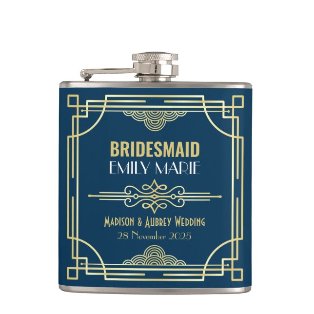Art Deco Wedding Bridesmaid Gold Blue Favour 1920s Hip Flask (Front)