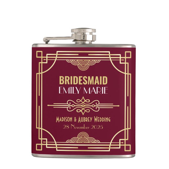 Art Deco Wedding Bridesmaid Gold Burgundy Favour Hip Flask (Front)