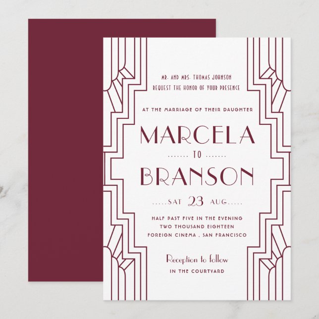 Art Deco Wedding Burgundy Invitation (Front/Back)