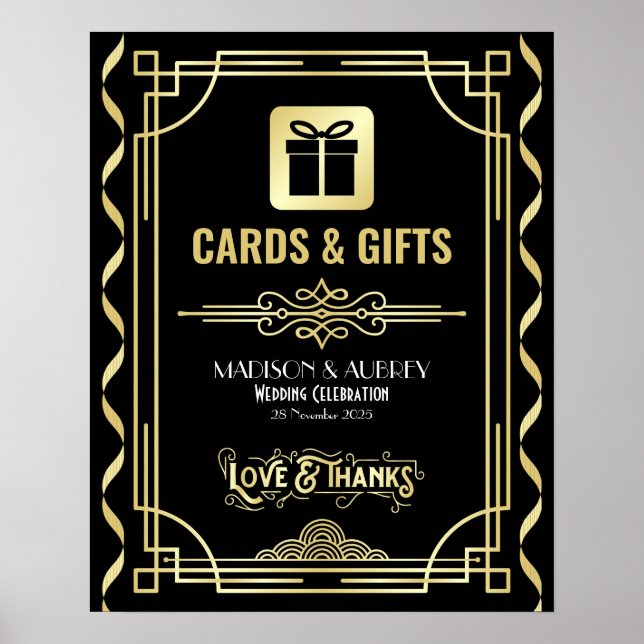 Art Deco Wedding Cards & Gifts Gold Black Sign (Front)