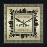 Art Deco Wedding Champagne Gold Gatsby Glamour Square Wall Clock<br><div class="desc">Create your very own Art Deco-style,  Great Gatsby-inspired design featuring a cityscape with greek key pattern frame in elegant champagne gold and black. Replace the sample text with your own for a personalized gift. Makes a wonderful gift for wedding,  anniversary,  birthday,  Father’s Day,  promotion,  retirement and other special occasions.</div>