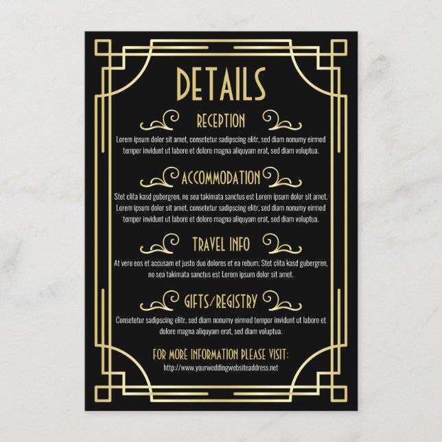 Art Deco Wedding Details Map Accommodation Info Enclosure Card (Front)