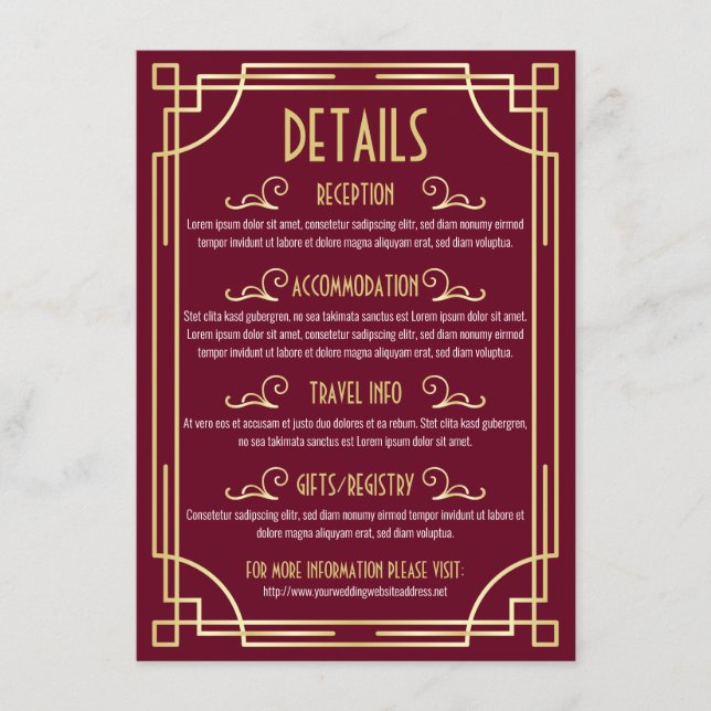 Art Deco Wedding Details Map Accommodation Info Enclosure Card (Front)