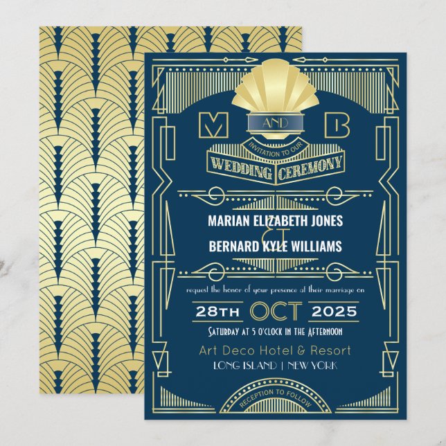 Art Deco Wedding Elegant Gold Blue Great Gatsby Invitation (Front/Back)