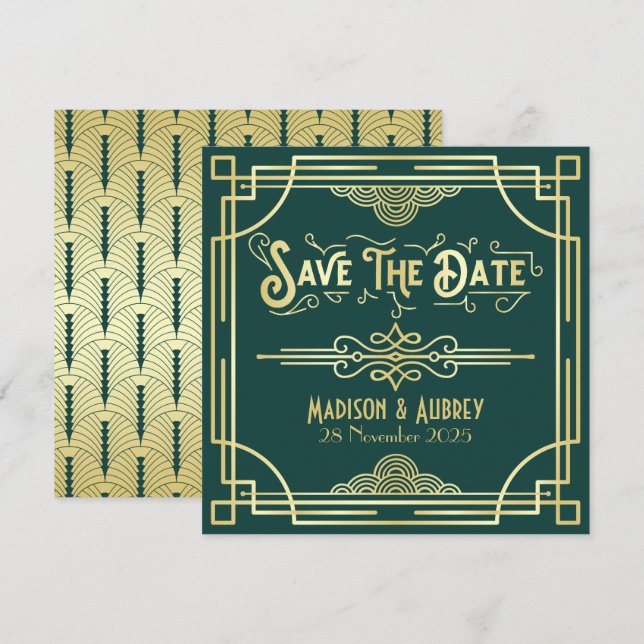 Art Deco Wedding Elegant Gold Green  Save The Date (Front/Back)