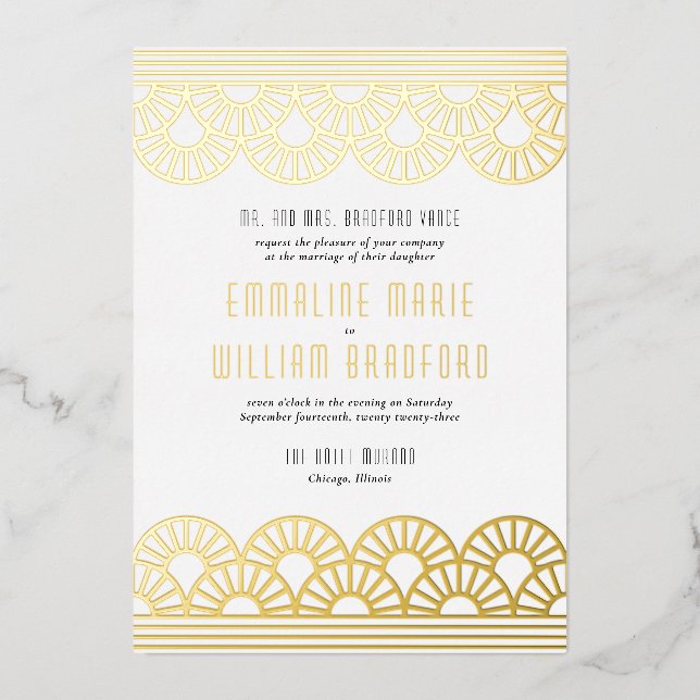 Art Deco Wedding Fan White Gold Foil Invitation (Front)